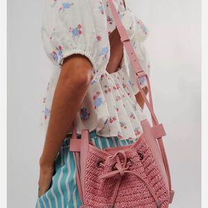 Free People Pink Woven Drawstring Shoulder Bag